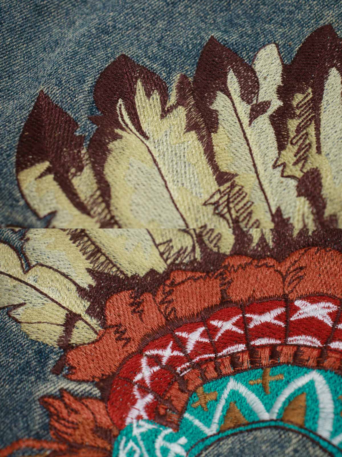 コーデュロイ補強部分と背中のインディアン刺繍のディテール特写