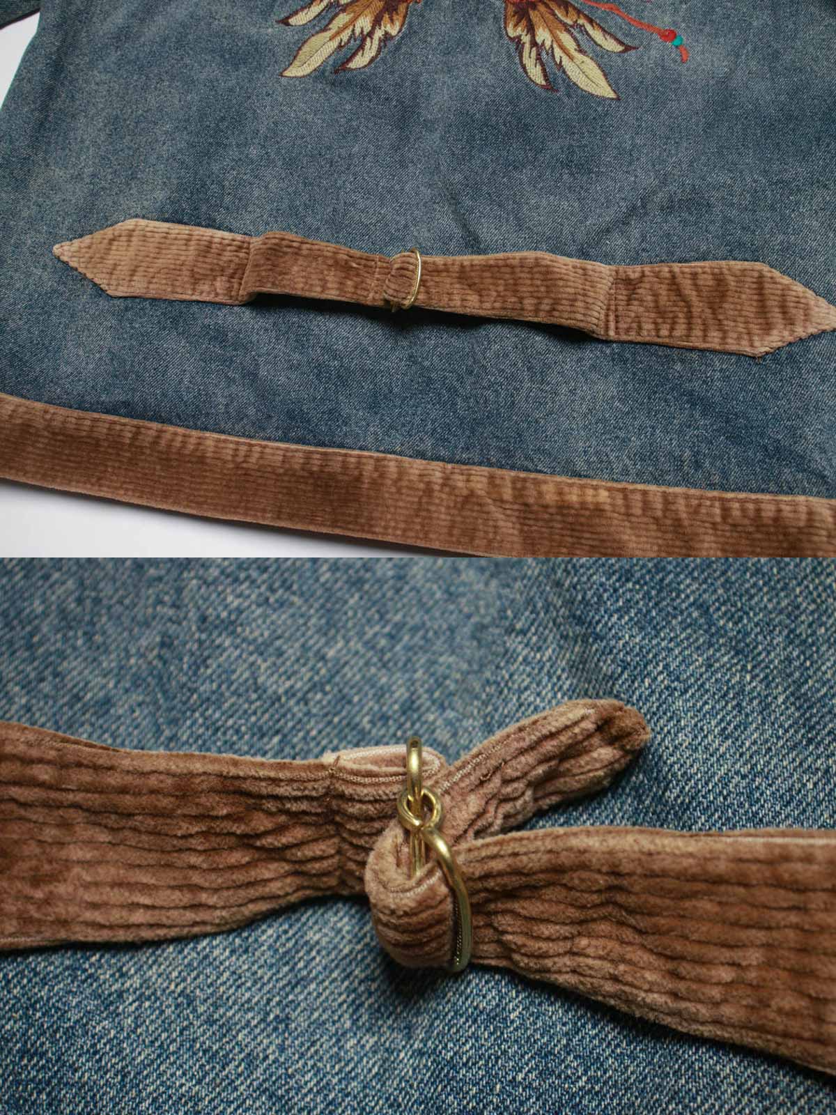 コーデュロイ補強部分と背中のインディアン刺繍のディテール特写