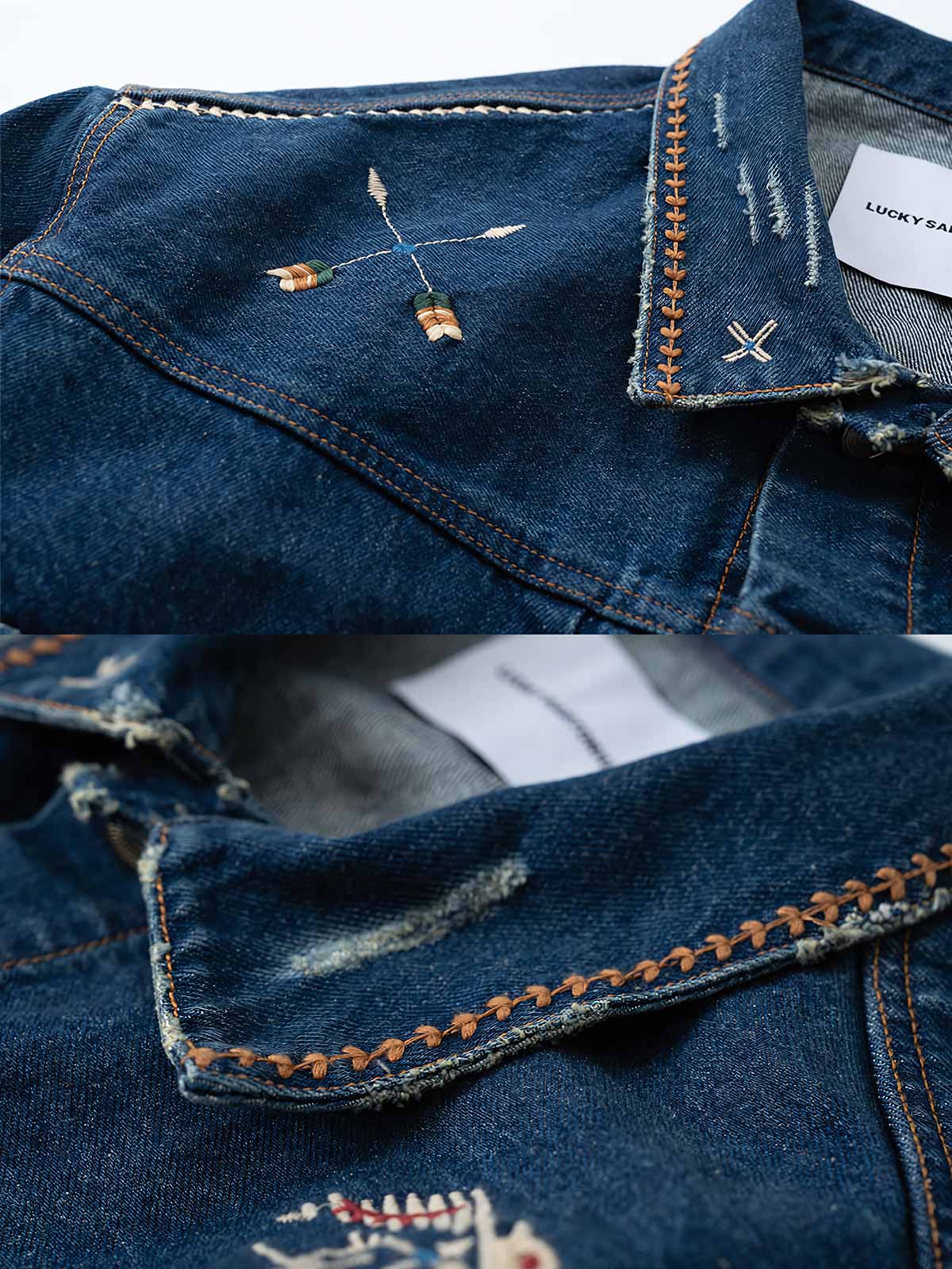 製品画像: ヴィンテージインディアンサンダーバード刺繍デニムジャケットの全体画像
詳細画像: インディアンサンダーバード刺繍ディテールとウォッシュ加工された立体的なカットの詳細画像