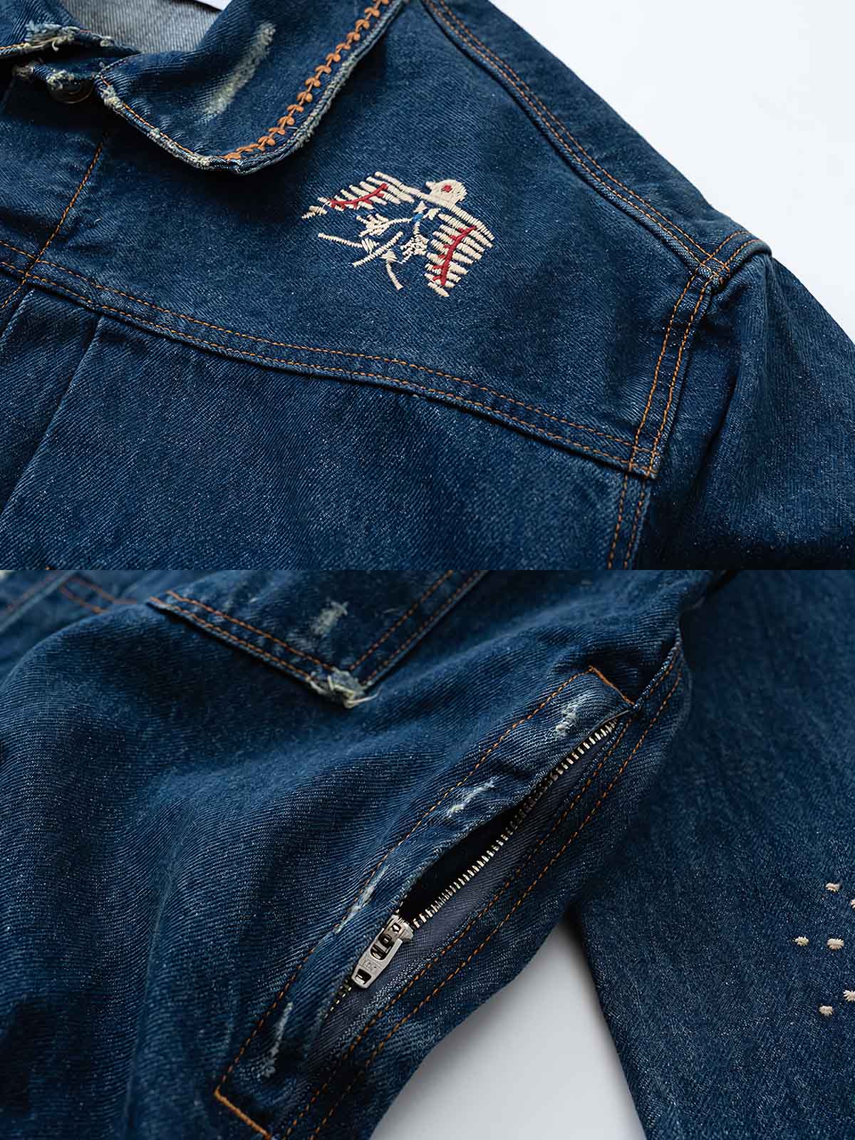 製品画像: ヴィンテージインディアンサンダーバード刺繍デニムジャケットの全体画像
詳細画像: インディアンサンダーバード刺繍ディテールとウォッシュ加工された立体的なカットの詳細画像