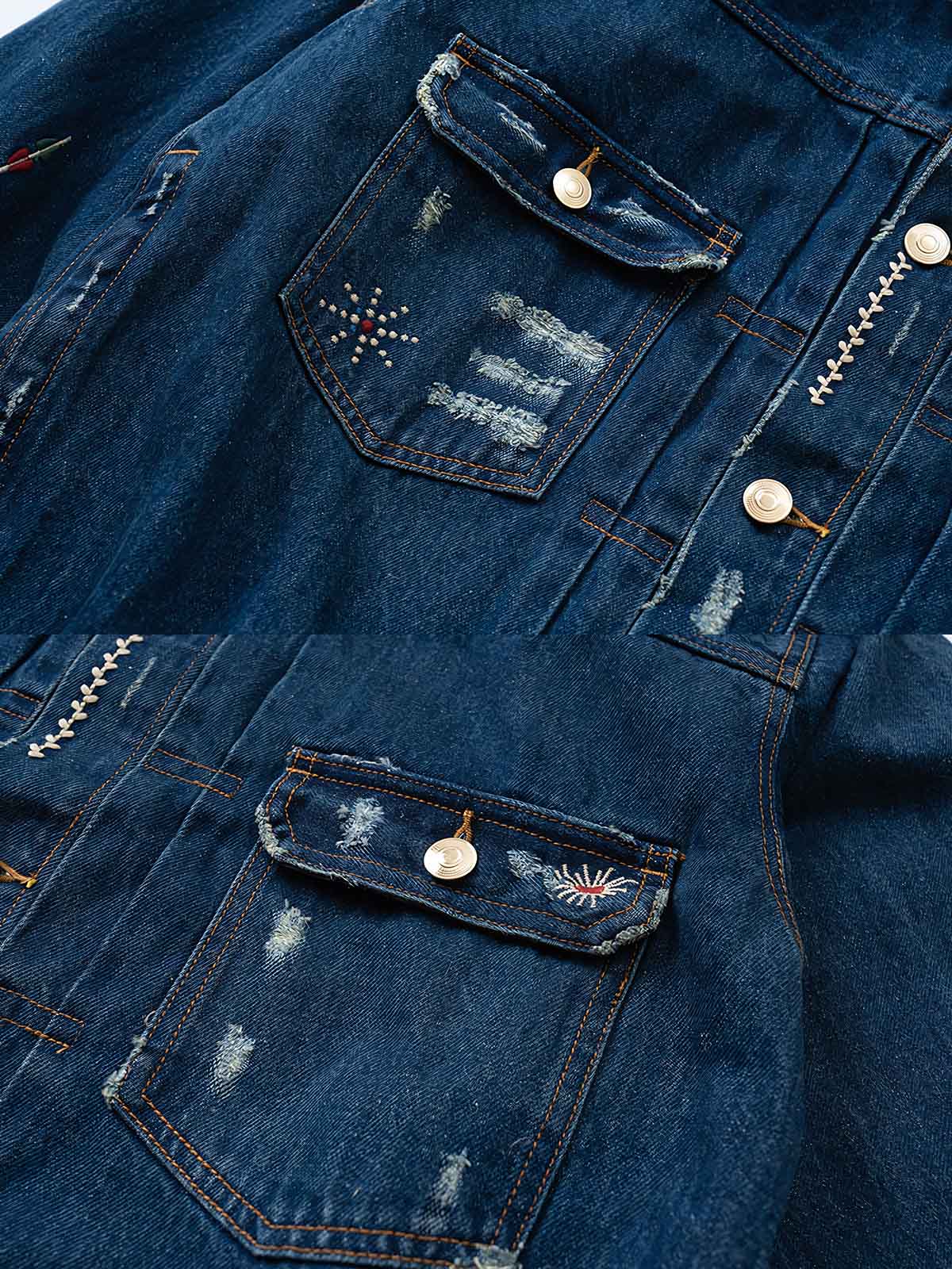 製品画像: ヴィンテージインディアンサンダーバード刺繍デニムジャケットの全体画像
詳細画像: インディアンサンダーバード刺繍ディテールとウォッシュ加工された立体的なカットの詳細画像