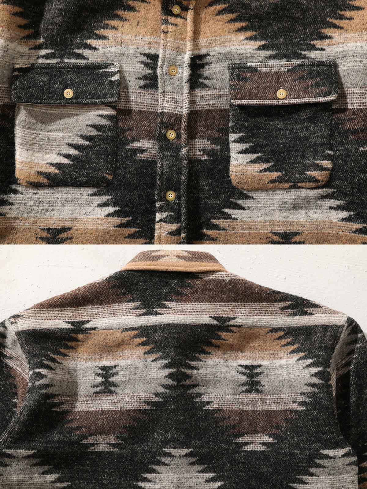 製品画像: ナバホブランケット柄ヴィンテージジャケットの全体図
詳細画像: トーテム柄とウール混紡生地のディテール展示