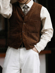 男性モデルが着用するヴィンテージコーデュロイベスト - スタイリング例