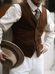 男性モデルが着用するヴィンテージコーデュロイベスト - スタイリング例