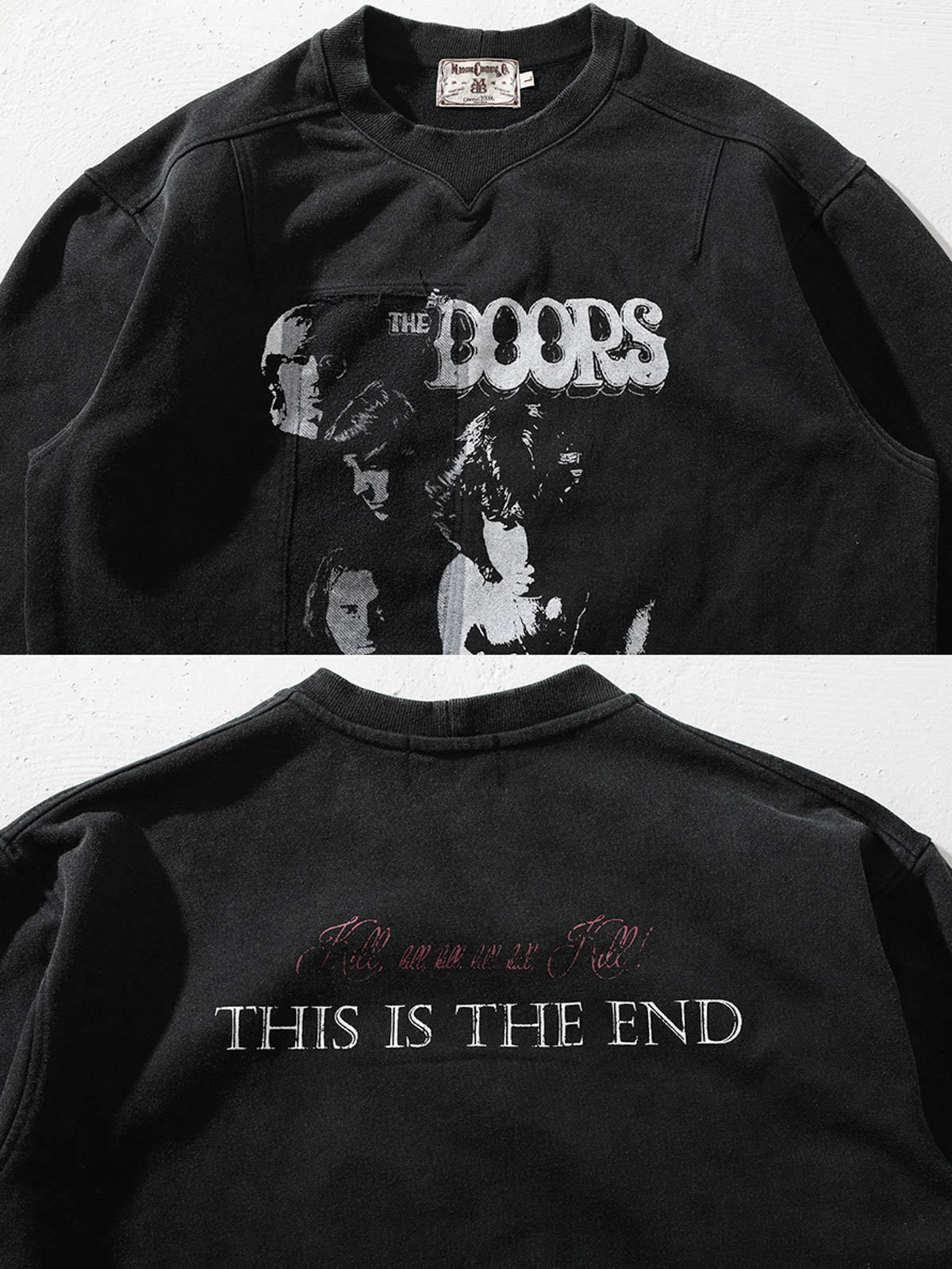 製品画像: ザ・ドアーズをテーマにしたヴィンテージウォッシュプリントスウェットシャツの正面画像
詳細画像: カットアウトデザインとプリントのディテールクローズアップ