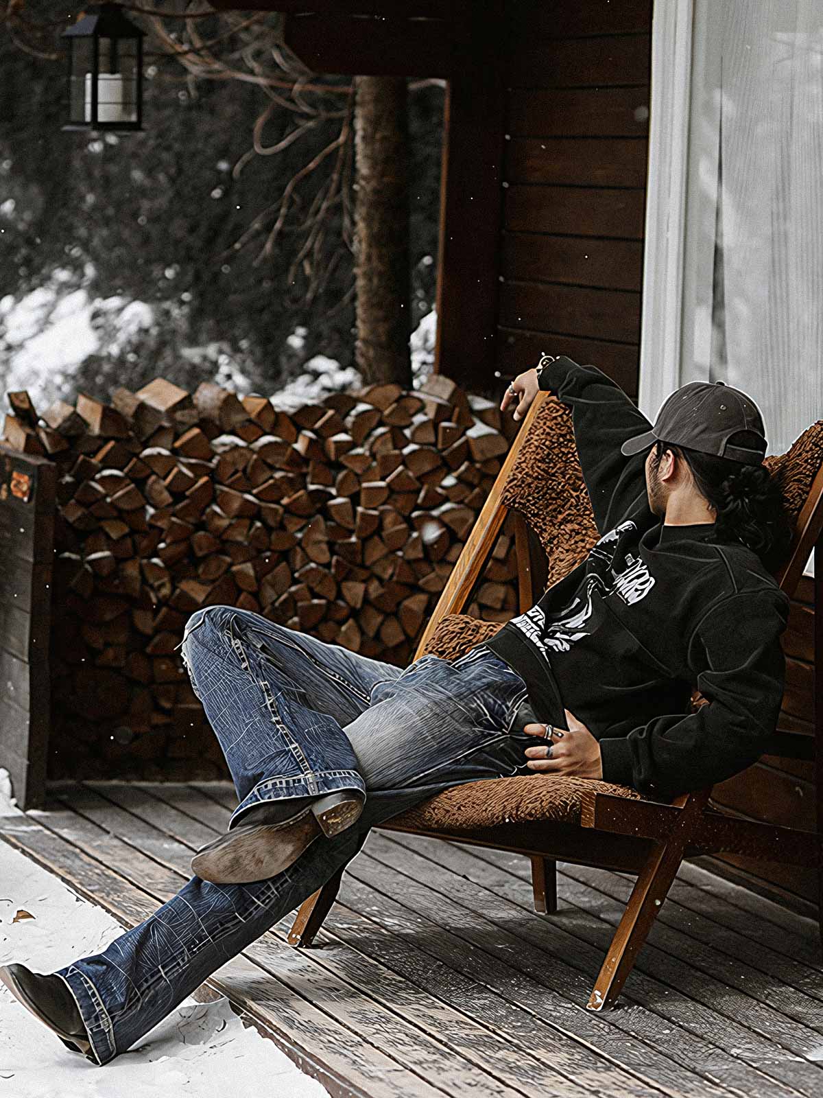 詳細画像: カットアウトデザインとプリントのディテールクローズアップ
モデル画像: サイケデリックロックスウェットシャツの着用例