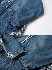 製品画像: エスニック柄パッチワークデニムフード付きジャケットの全体画像
詳細画像: 胸元の紐デザインと大容量ポケットのディテール画像