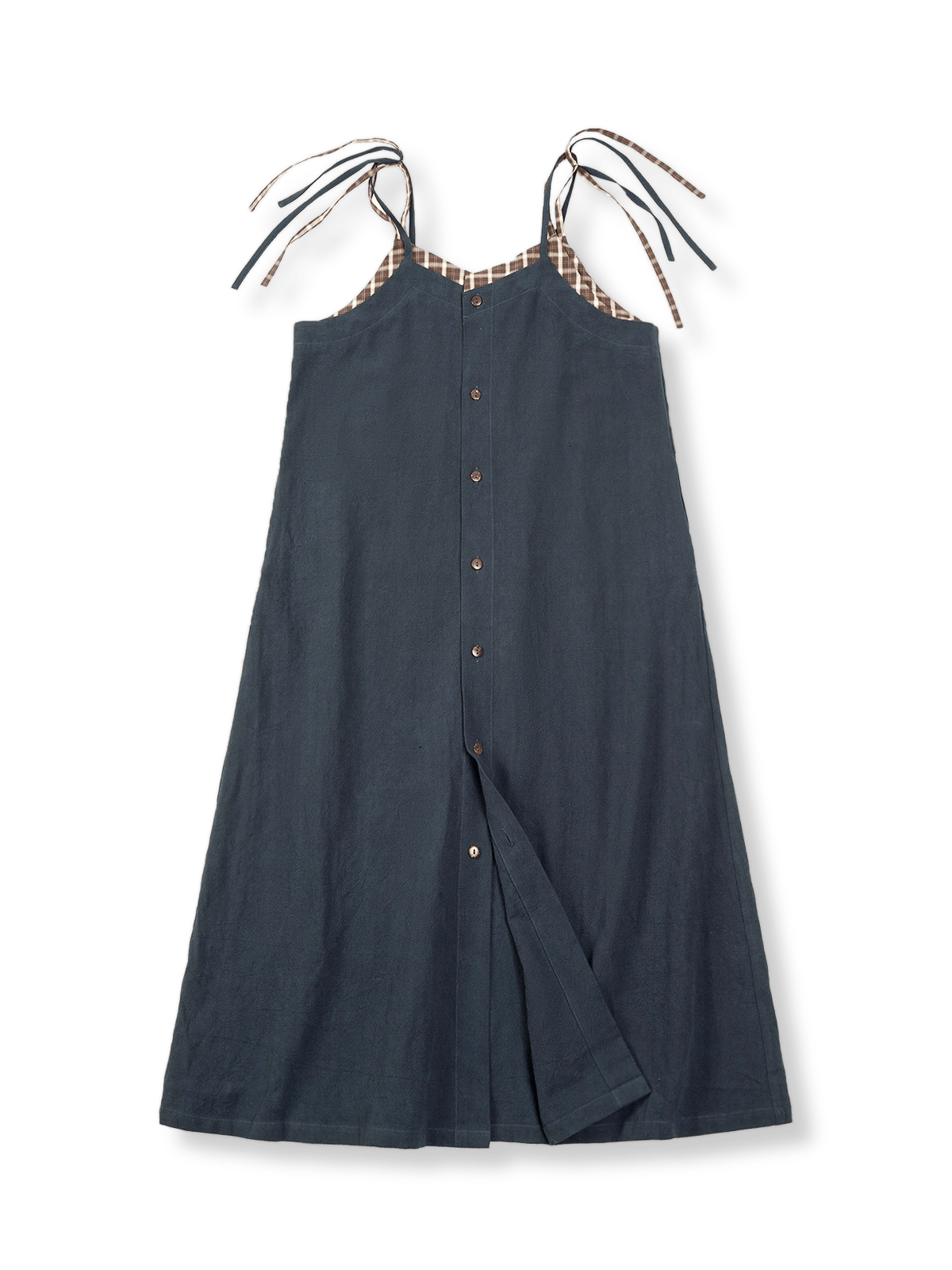 アメリカンワークスタイルのブラウンカフェチェックパッチワークコットンリネンジャンパースカートを展示。