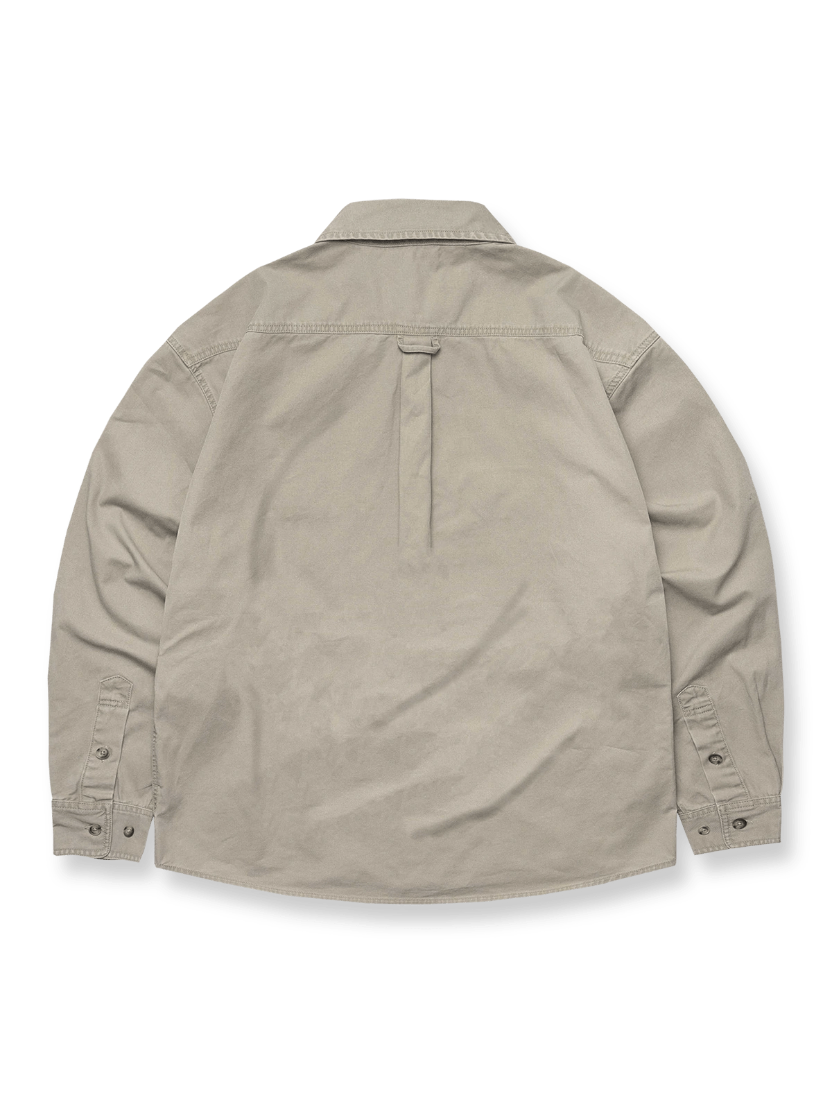 製品画像: 380gコットンウォッシュ加工ダブルポケットワークシャツの平置き写真
詳細画像: 牛角模様ボタンと手縫いクロスステッチのディテール