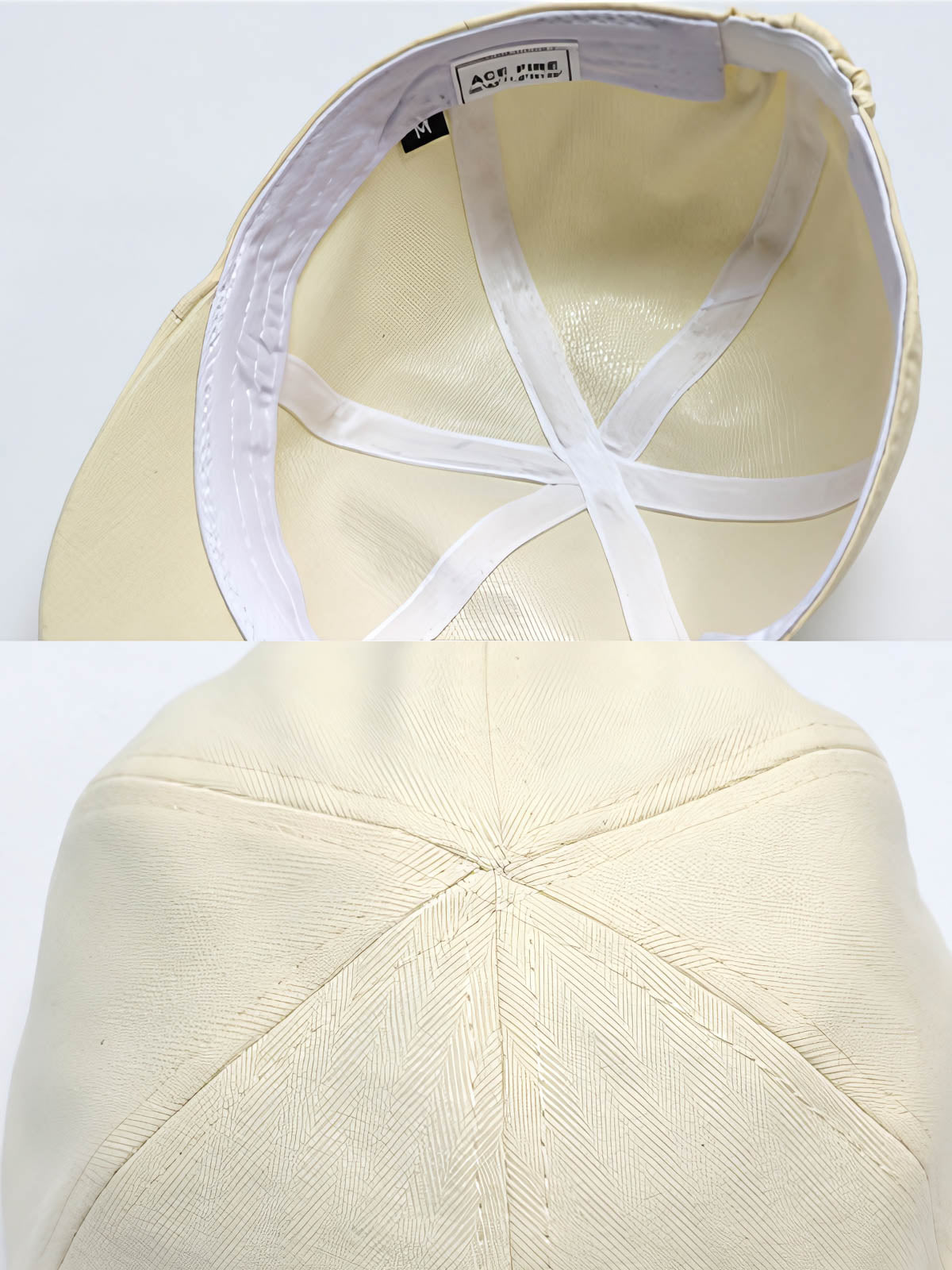 ベレー帽の精緻なステッチと生地の質感がクローズアップされており、その細部の美しさが強調されています。