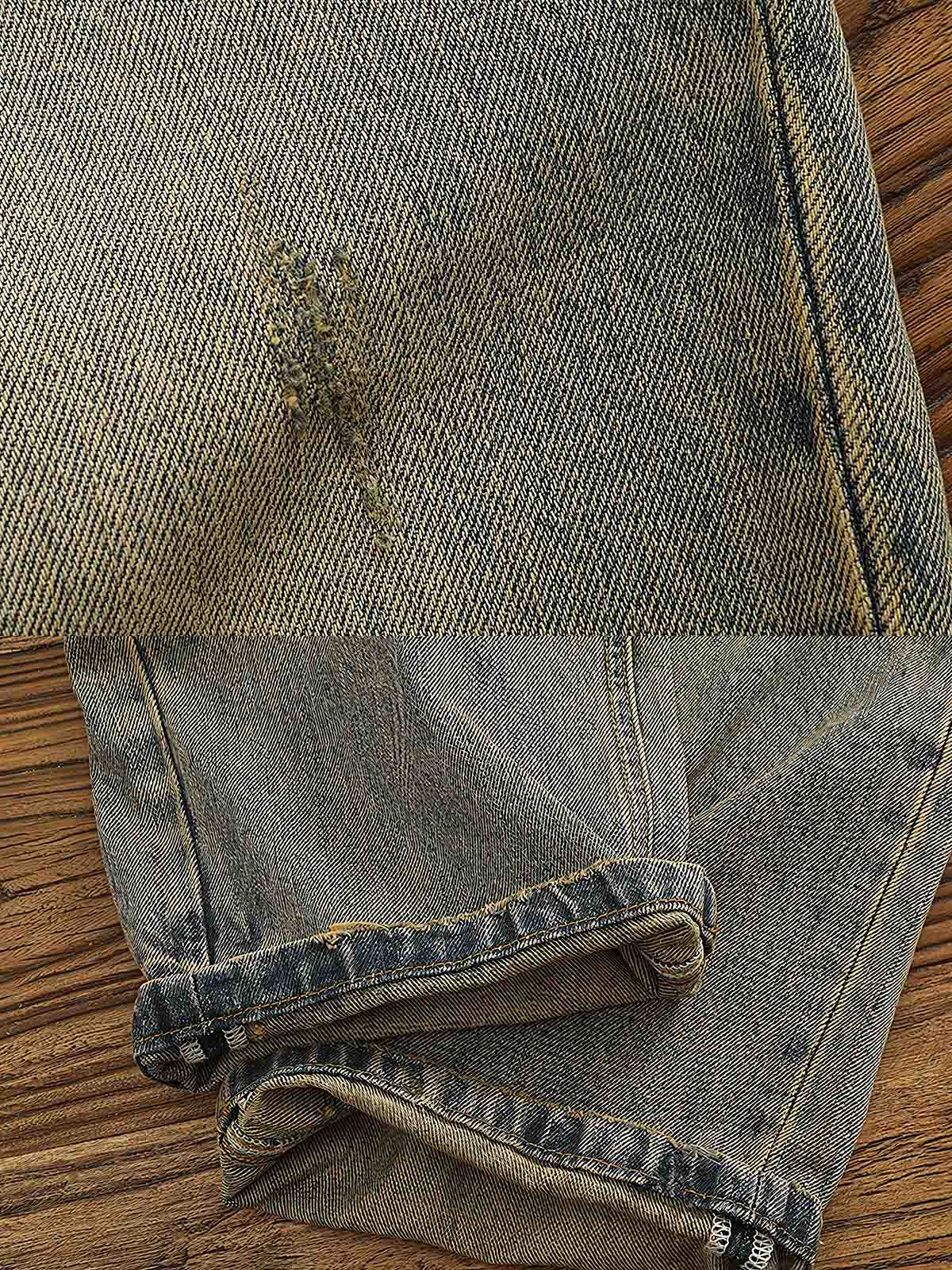 製品画像:レトロなルーズフィットのウォッシュドサンドカラーデニムパンツ
詳細画像:クラシックなサンドカラーデニムのディテール展示