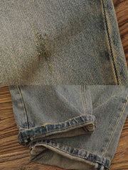 製品画像:レトロなルーズフィットのウォッシュドサンドカラーデニムパンツ
詳細画像:クラシックなサンドカラーデニムのディテール展示