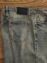 製品画像:レトロなルーズフィットのウォッシュドサンドカラーデニムパンツ
詳細画像:クラシックなサンドカラーデニムのディテール展示