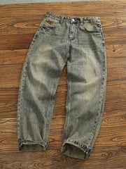 製品画像:レトロなルーズフィットのウォッシュドサンドカラーデニムパンツ
詳細画像:クラシックなサンドカラーデニムのディテール展示