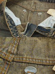 製品画像:レトロなルーズフィットのウォッシュドサンドカラーデニムパンツ
詳細画像:クラシックなサンドカラーデニムのディテール展示