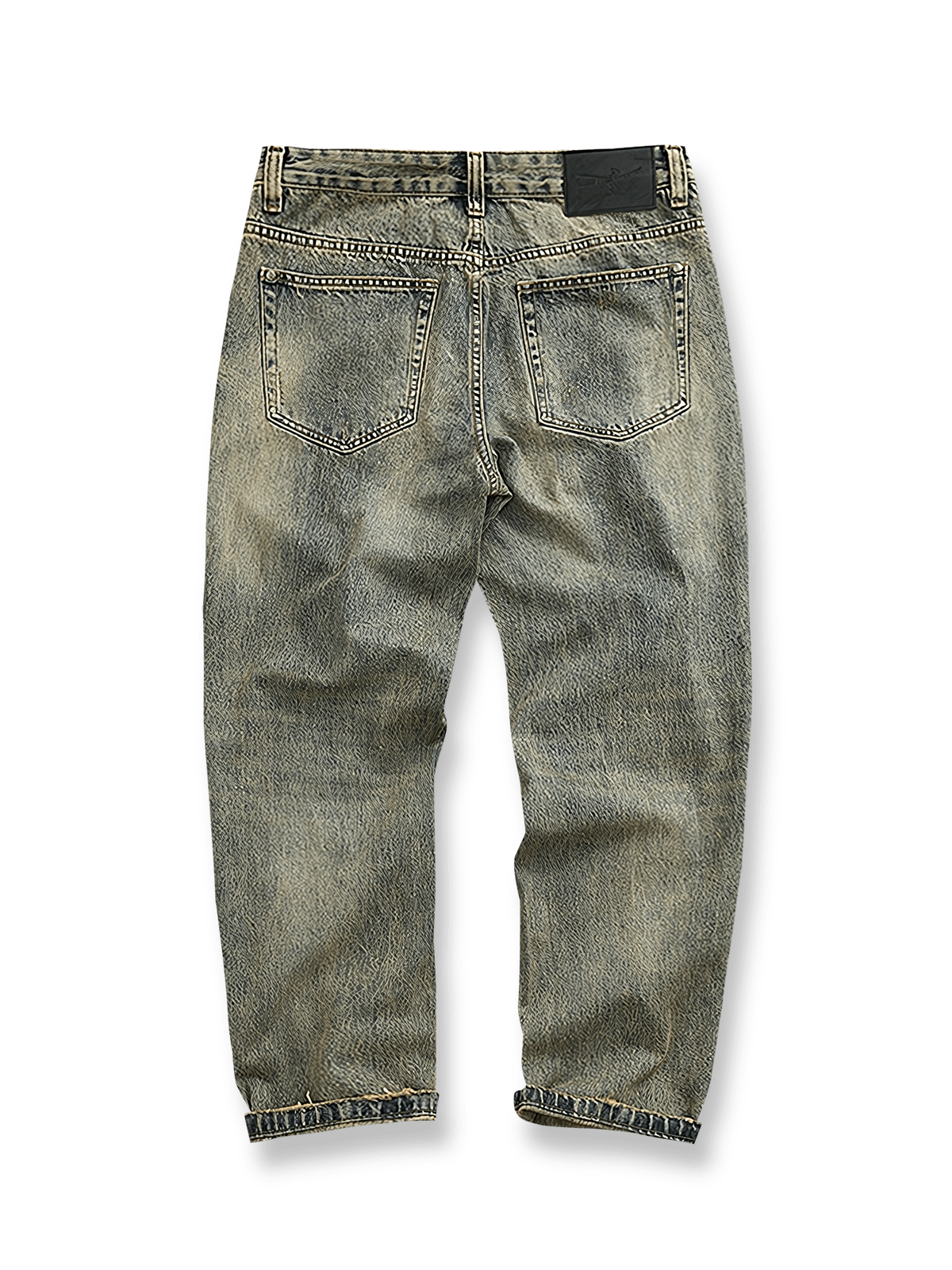 製品画像:レトロなルーズフィットのウォッシュドサンドカラーデニムパンツ
詳細画像:クラシックなサンドカラーデニムのディテール展示