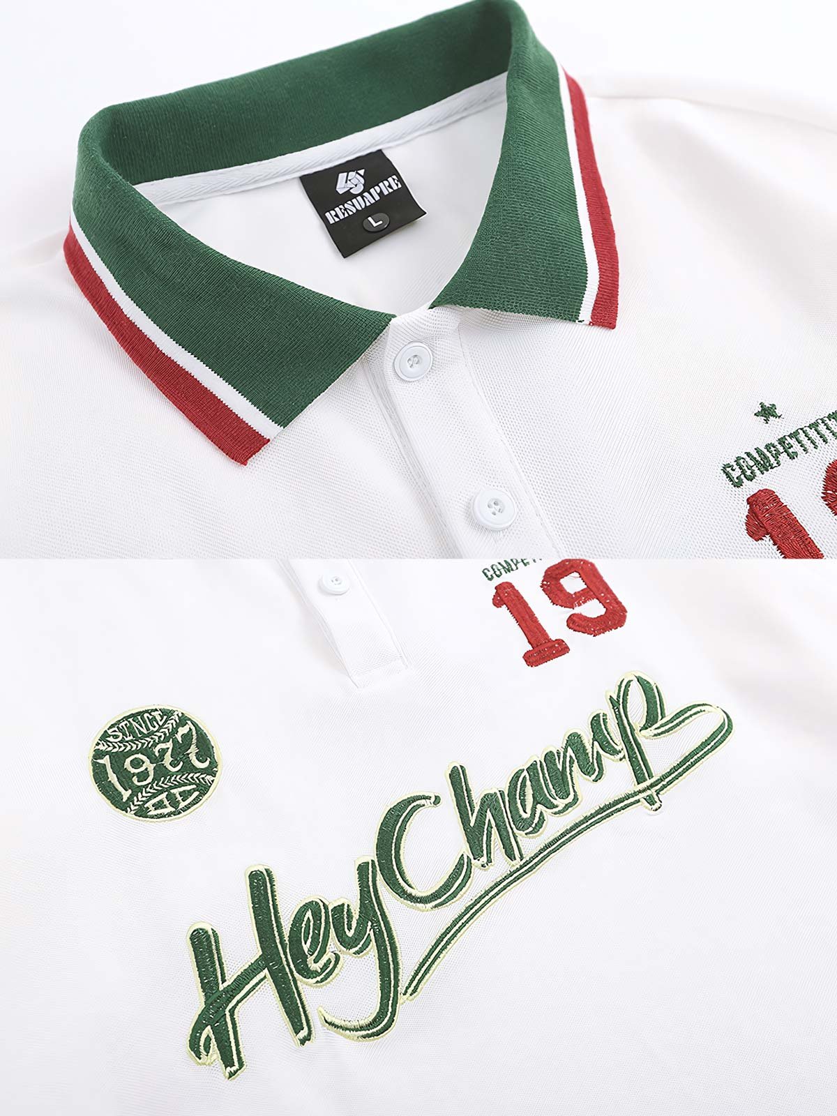 アイビーリーグ風ポロシャツの詳細、襟と袖口の緑と赤のストライプデザインおよび胸元の刺繍ディテールをクローズアップ。