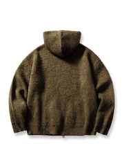 製品画像: ウール混紡フード付きニットカーディガンジャケットの正面画像
詳細画像: ニットのテクスチャーとジッパーのディテール