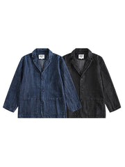 製品画像:クラシックレトロ風デニムジャケットの全体像、80%コットンと20%ポリエステルの混紡素材で構成
詳細画像:ヘリンボーン柄のディテールと大容量ポケットが特徴のレトロ風デニムジャケットの生地の質感