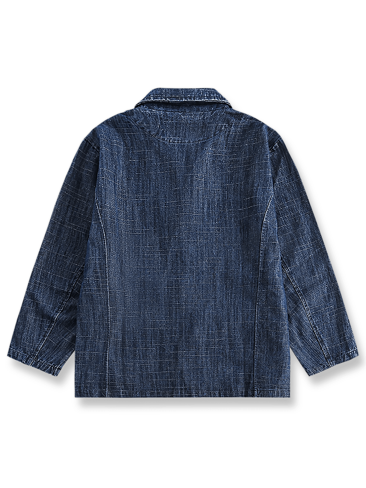 製品画像:クラシックレトロ風デニムジャケットの全体像、80%コットンと20%ポリエステルの混紡素材で構成
詳細画像:ヘリンボーン柄のディテールと大容量ポケットが特徴のレトロ風デニムジャケットの生地の質感