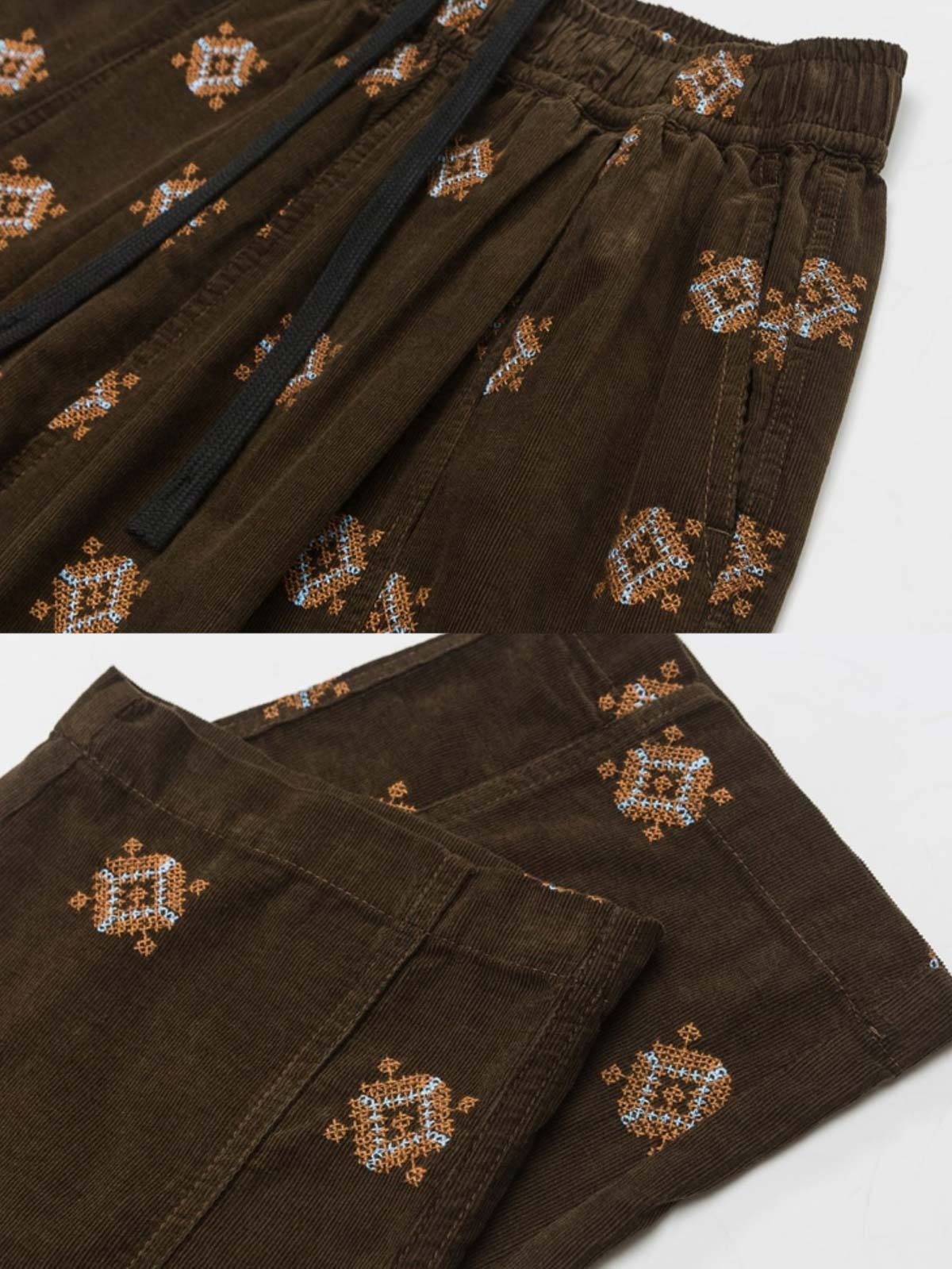 パンツのトーテム刺繍部分のクローズアップ。