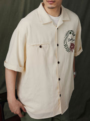 キューバカラー綿麻 半袖シャツ