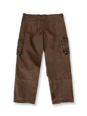 製品画像: ダメージヴィンテージ加工とパッチワークを施したワークパンツの全体画像
詳細画像: 擦り切れ加工とパッチワークディテールが施されたヴィンテージ風パンツの素材感