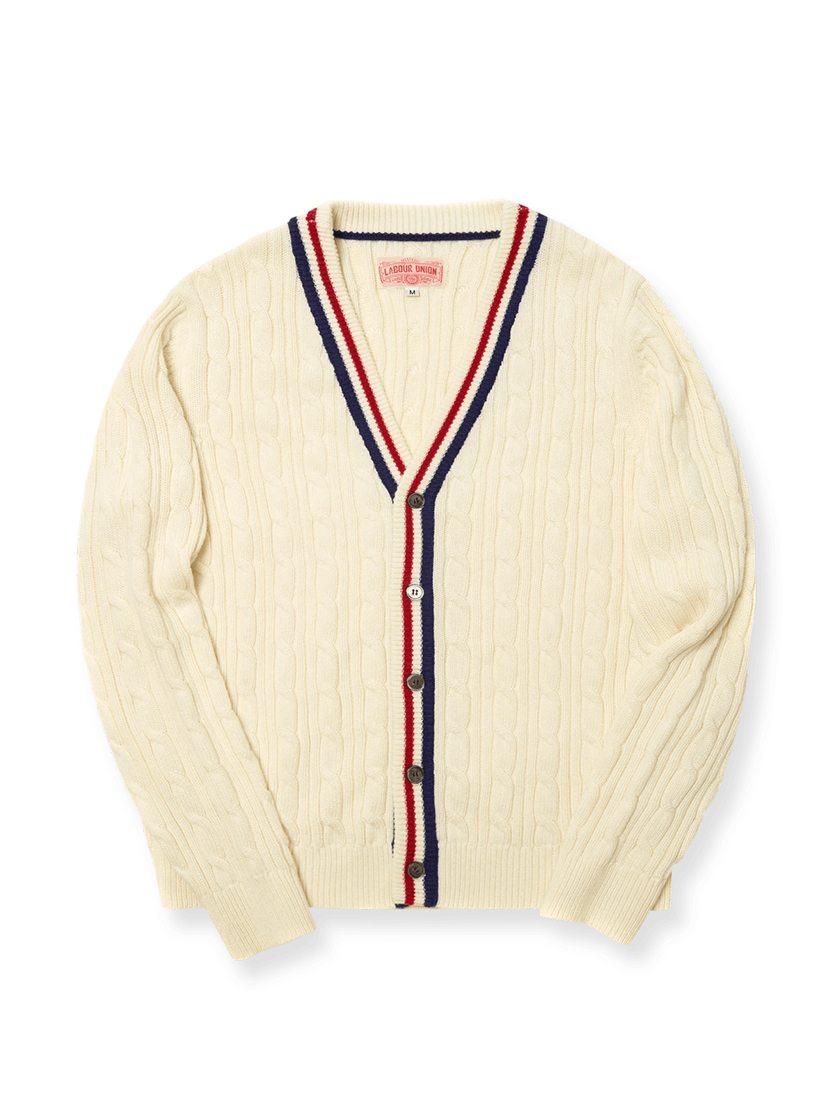 製品画像: ヴィンテージアイビー風クリケットセーター全体画像、Vネックとストライプデザインが特徴
詳細画像: クリケットセーターのストライプとVネックディテール、コットンカシミヤ混紡素材の質感