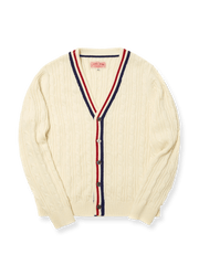 製品画像: ヴィンテージアイビー風クリケットセーター全体画像、Vネックとストライプデザインが特徴
詳細画像: クリケットセーターのストライプとVネックディテール、コットンカシミヤ混紡素材の質感