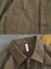 製品画像: 耐摩耗性チェック柄ワークシャツの正面展示図
詳細画像: チェック柄とポケットのディテールクローズアップ