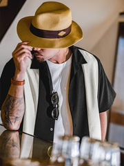 異素材コンビ キューバカラー 半袖シャツ