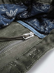 トートバッグのハワイパターン詳細、ヤシの木と海島デザイン、内部のドリンクホルダースロットと独立したジッパーポケット