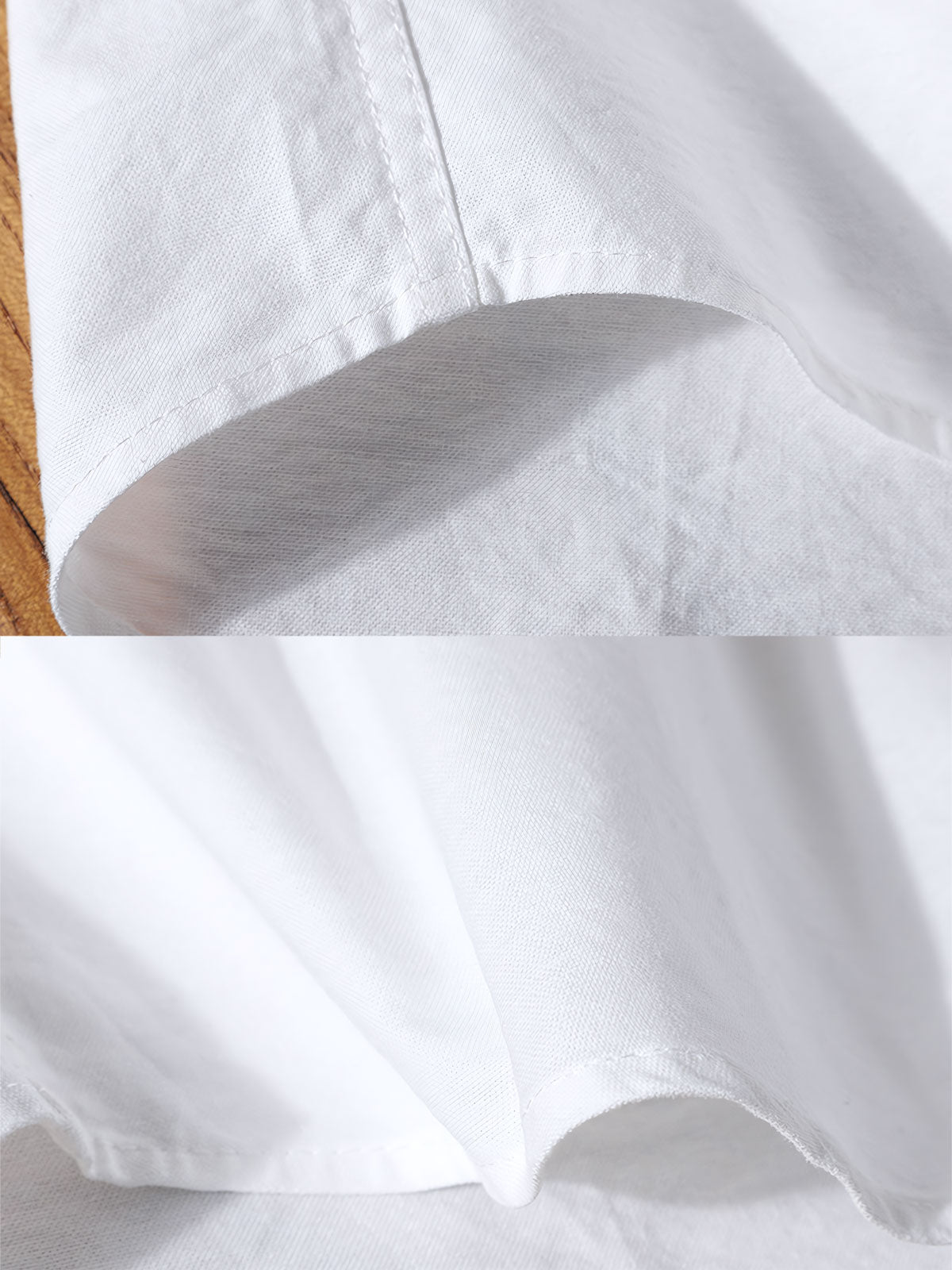 製品画像: クラシックホワイトオックスフォード長袖シャツ全体展示 詳細画像: シャツのディテールと生地の質感をクローズアップ