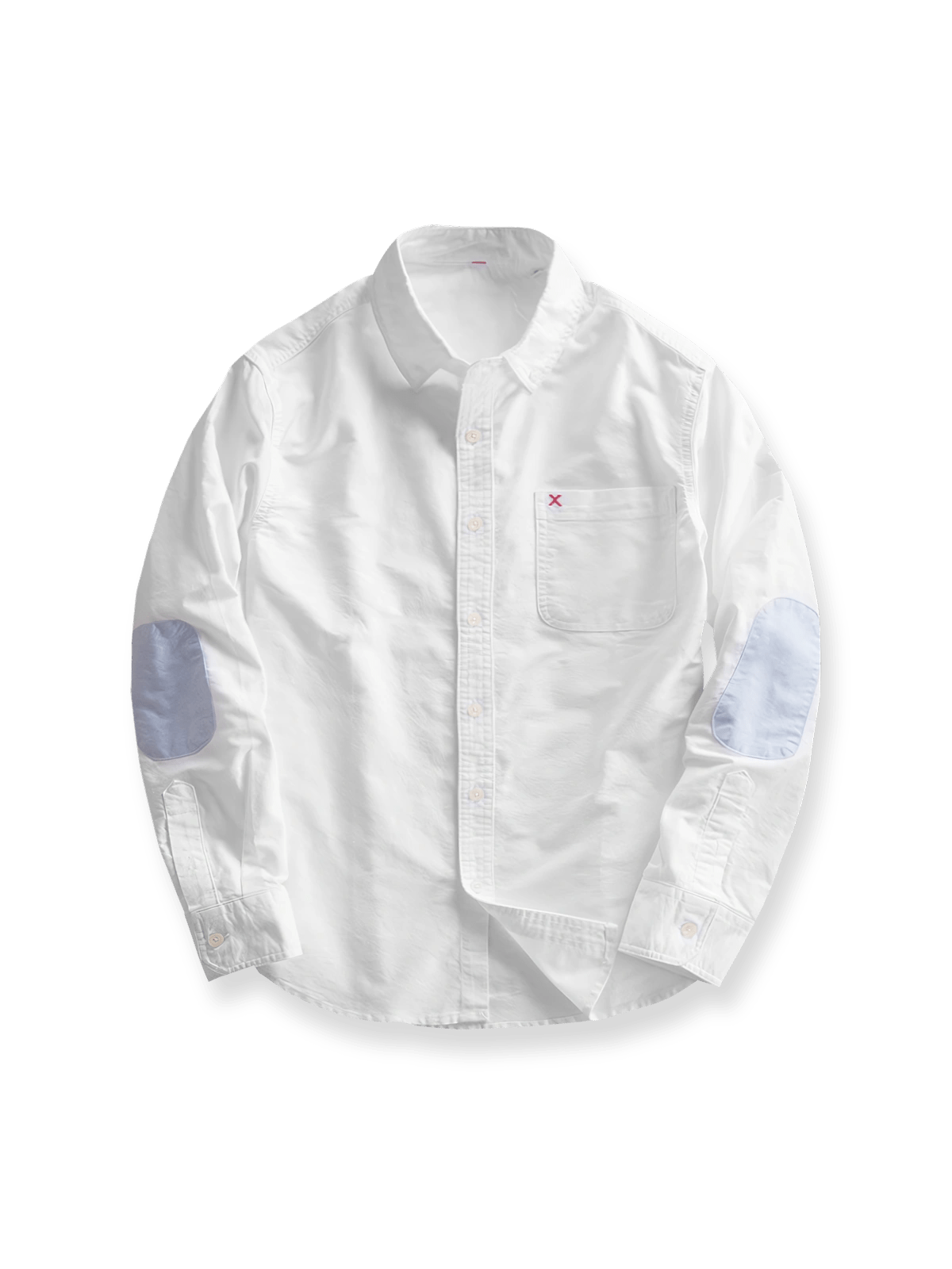 製品画像: パッチワークデザインが施されたオックスフォードシャツの正面全体展示。