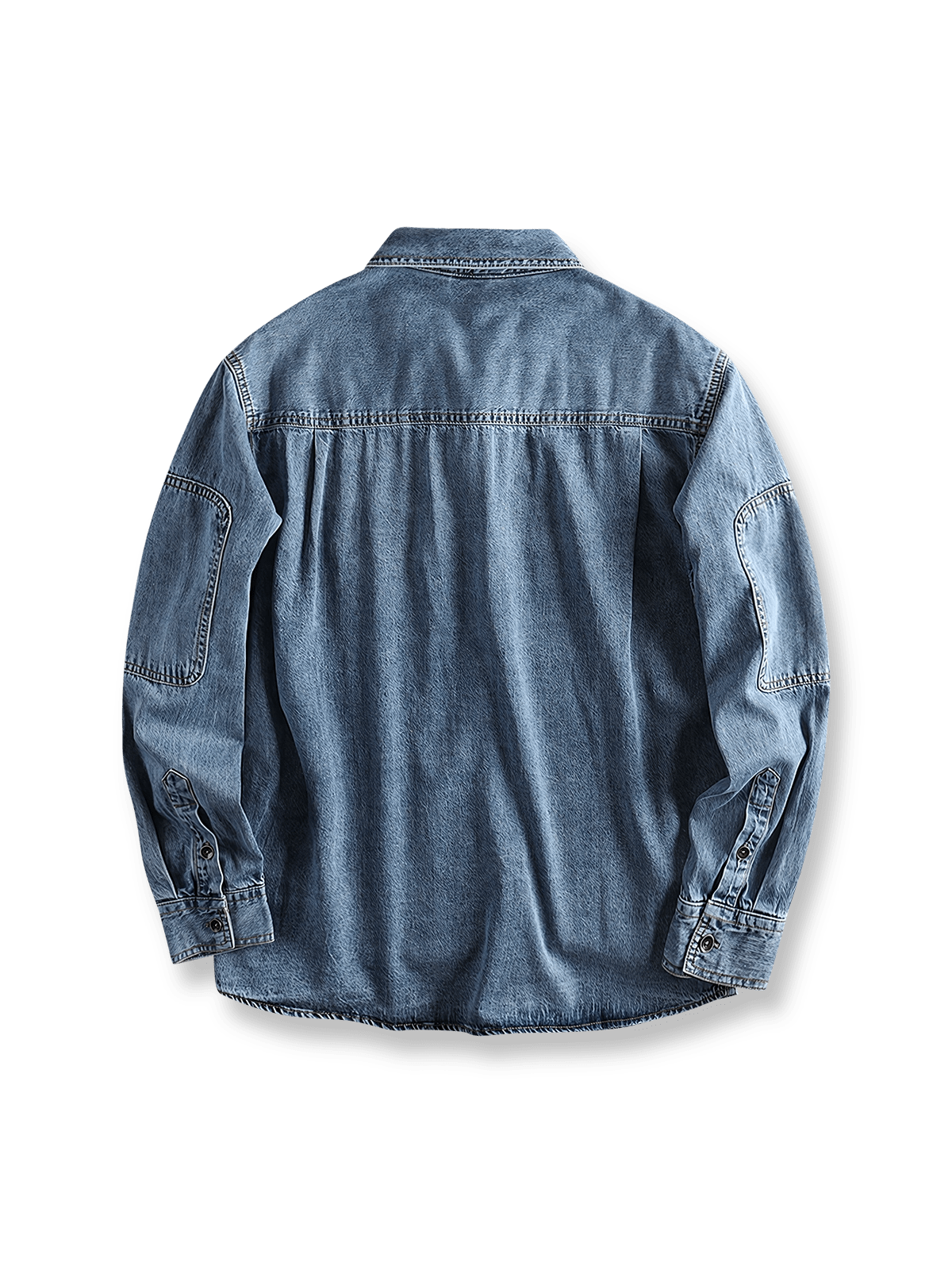 製品画像: アメリカンカジュアルヘビーウェイトデニムシャツジャケット正面
詳細画像: 袖肘のパッチとコントラストステッチのディテール