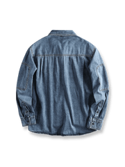 製品画像: アメリカンカジュアルヘビーウェイトデニムシャツジャケット正面
詳細画像: 袖肘のパッチとコントラストステッチのディテール