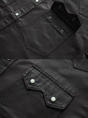 製品画像: フェイクオイルワックス加工 ウエスタン風 デニムシャツ正面
詳細画像: 襟元のダメージ加工とチェーンステッチのディテール