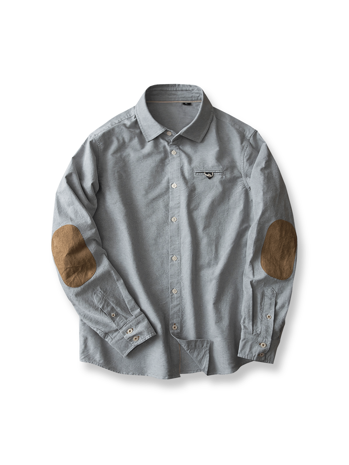 製品画像: スエードパッチ付きオックスフォードシャツの正面全体画像。シンプルかつクラシックなデザインが際立つ展示。