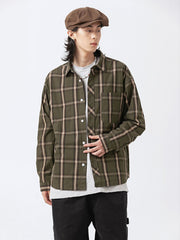 モデル画像: クラシックチェックワークシャツを着用したモデルのスタイリング画像