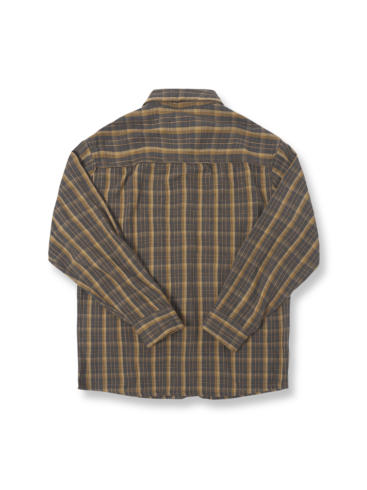 製品画像: アメカジヴィンテージスタイルのヘビーボッシュ加工された100%コットンチェックシャツ正面図
詳細画像: ピリング防止技術が施された非対称ダブルポケットとヘビーボッシュ加工チェック柄生地のディテール