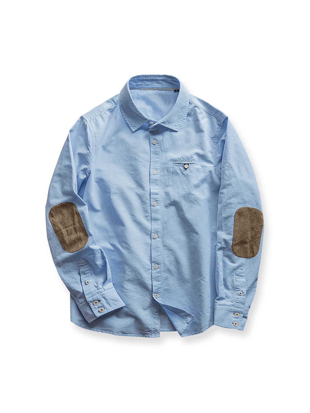 製品画像: スエードパッチ付きオックスフォードシャツの正面全体画像。シンプルかつクラシックなデザインが際立つ展示。