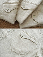 製品画像: ウエスタン風カラムシシャツ メンズ 正面全体画像、高品質カラムシ生地使用
詳細画像: ウエスタン風カラムシシャツ メンズ ディテール画像、隠しボタン、60年代チェーンステッチ工法、レトロデザインのクローズアップ