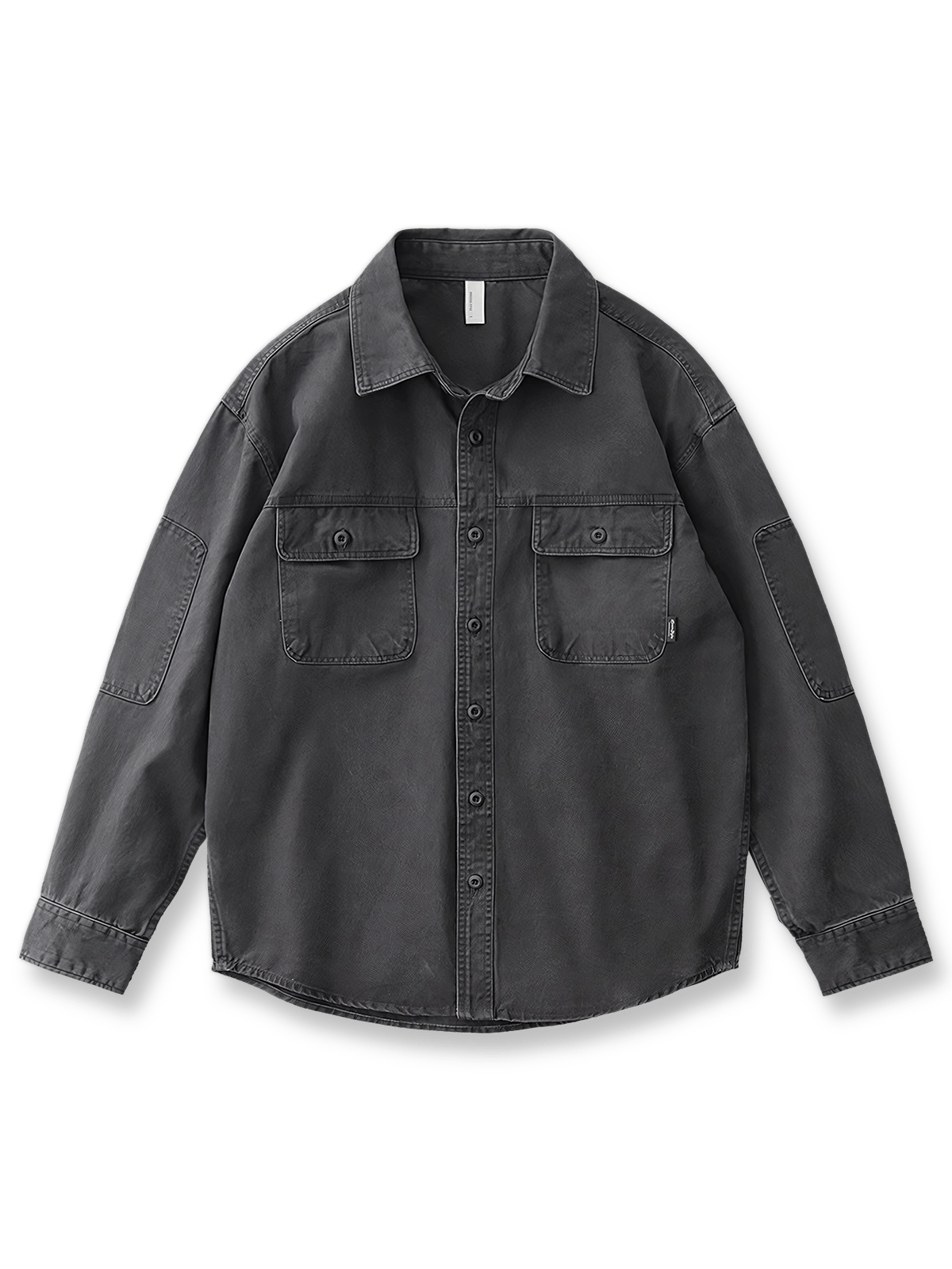 製品画像: ヴィンテージ風ワークシャツの正面全体展示、ワイドシルエットとクラシックなデザインを強調。