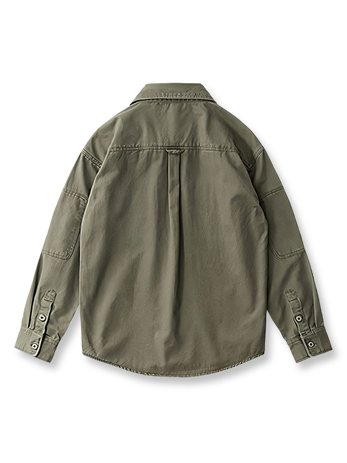 製品画像: ヴィンテージ風ワークシャツの正面全体展示、ワイドシルエットとクラシックなデザインを強調。
詳細画像: 袖部分のパッチデザインとダブルポケットのディテール展示、しっかりとした生地感を表現。