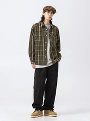 モデル画像: クラシックチェックワークシャツを着用したモデルのスタイリング画像