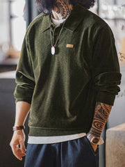 シェニールハーフジップ襟付き長袖ポロシャツ