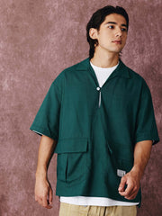 コットン&リネン プルオーバーポケット付き半袖シャツ
