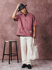 コットン&リネン プルオーバーポケット付き半袖シャツ