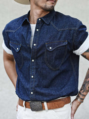 コットンリネンレトロ デニム半袖シャツ