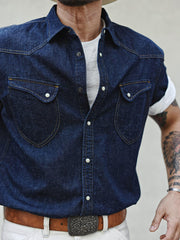 コットンリネンレトロ デニム半袖シャツ